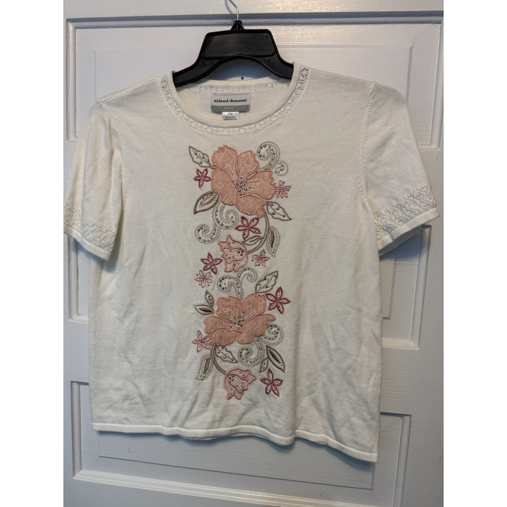 Alfred Dunner Petite PM Sweater Ivory Pink Floral Applique Beaded Knit Top